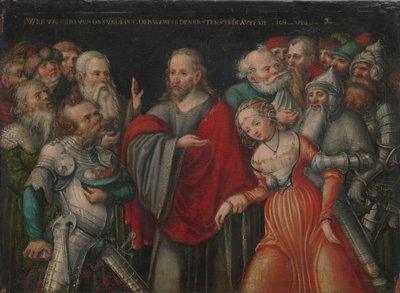 Christus en de overspelige vrouw door Lucas Cranach the Younger and workshop